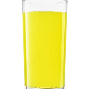 Glass of yellow soda soft drink isolated on white. Sweet taste of candy, lemon or cream soda.